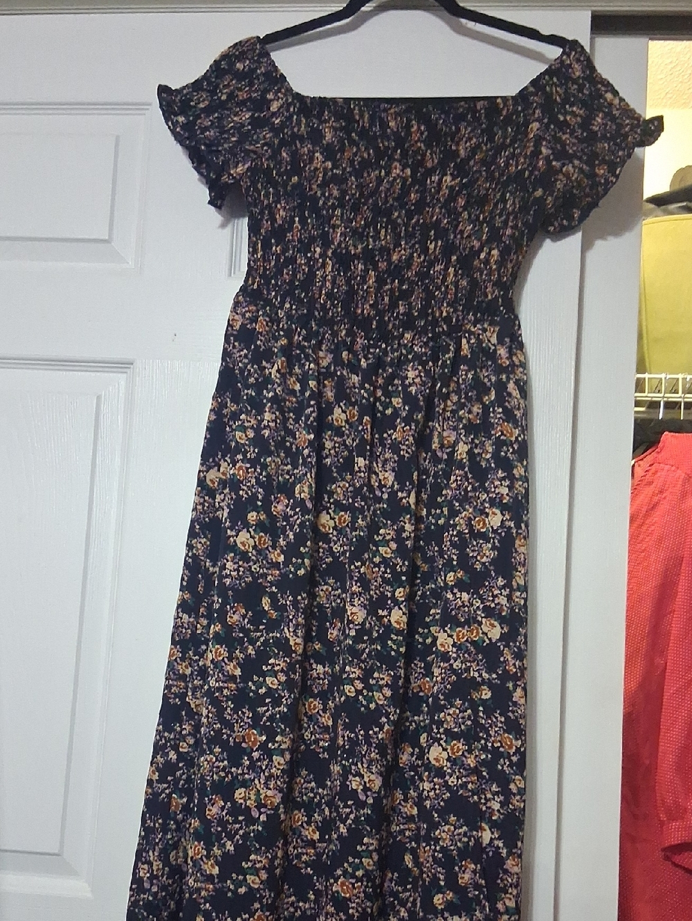 SHEIN Navy Floral Smocked Off-Shoulder Maxi Dress